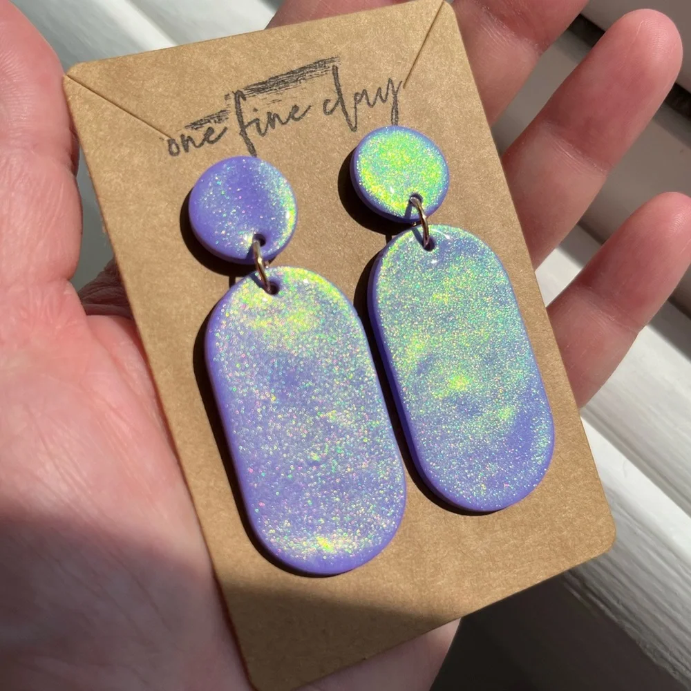 Iridescent Purple Clay & Resin Dangle Earrings - Picture 1 of 8